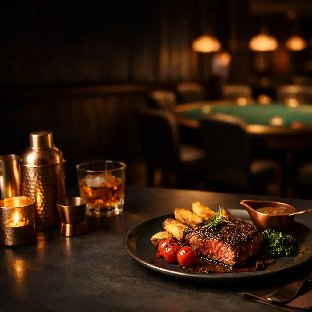 Plated steakhouse dish with copper barware in Chanceandtoken’s dark bistro setting
