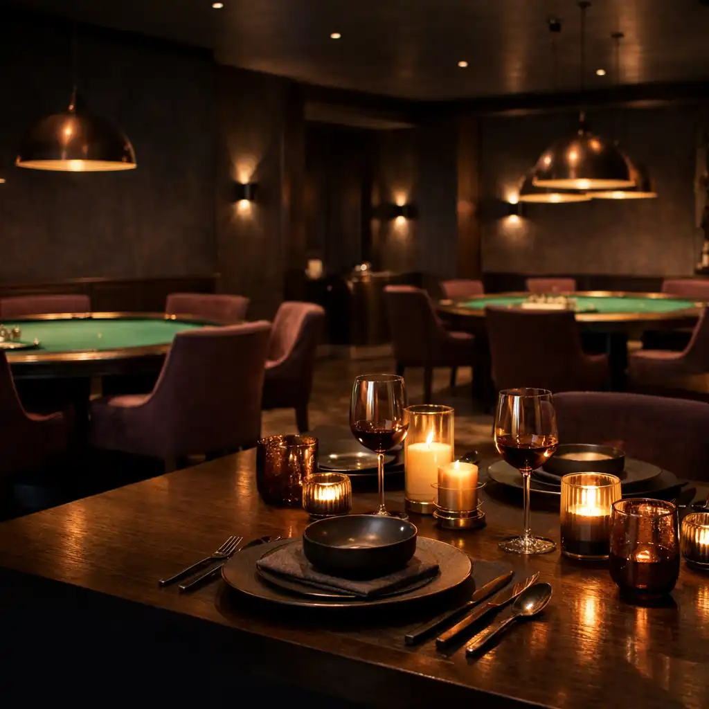 Low-lit dining table with copper glassware in Chanceandtoken Bistro and Poker Lounge