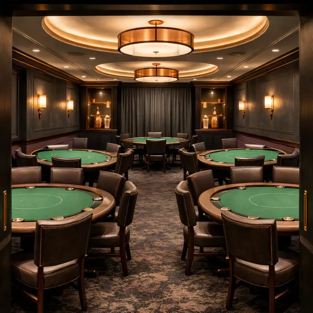Wide view of the dedicated card poker room with green felt tables, tailored chairs and warm ambient light