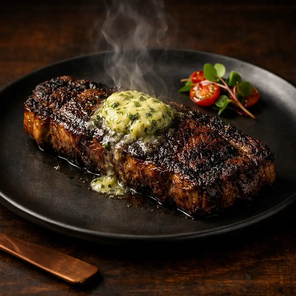 Charred striploin on a dark plate with herb butter