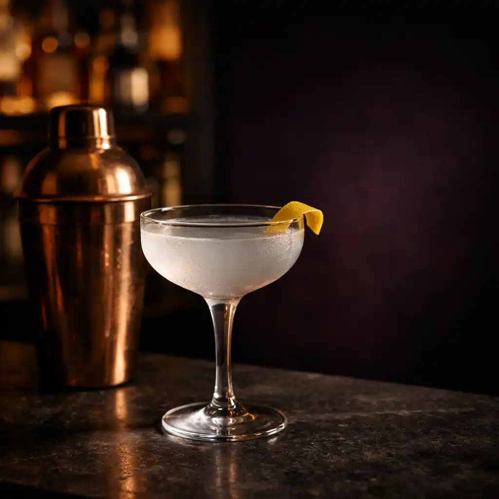 Craft cocktail in a chilled coupe beside copper barware