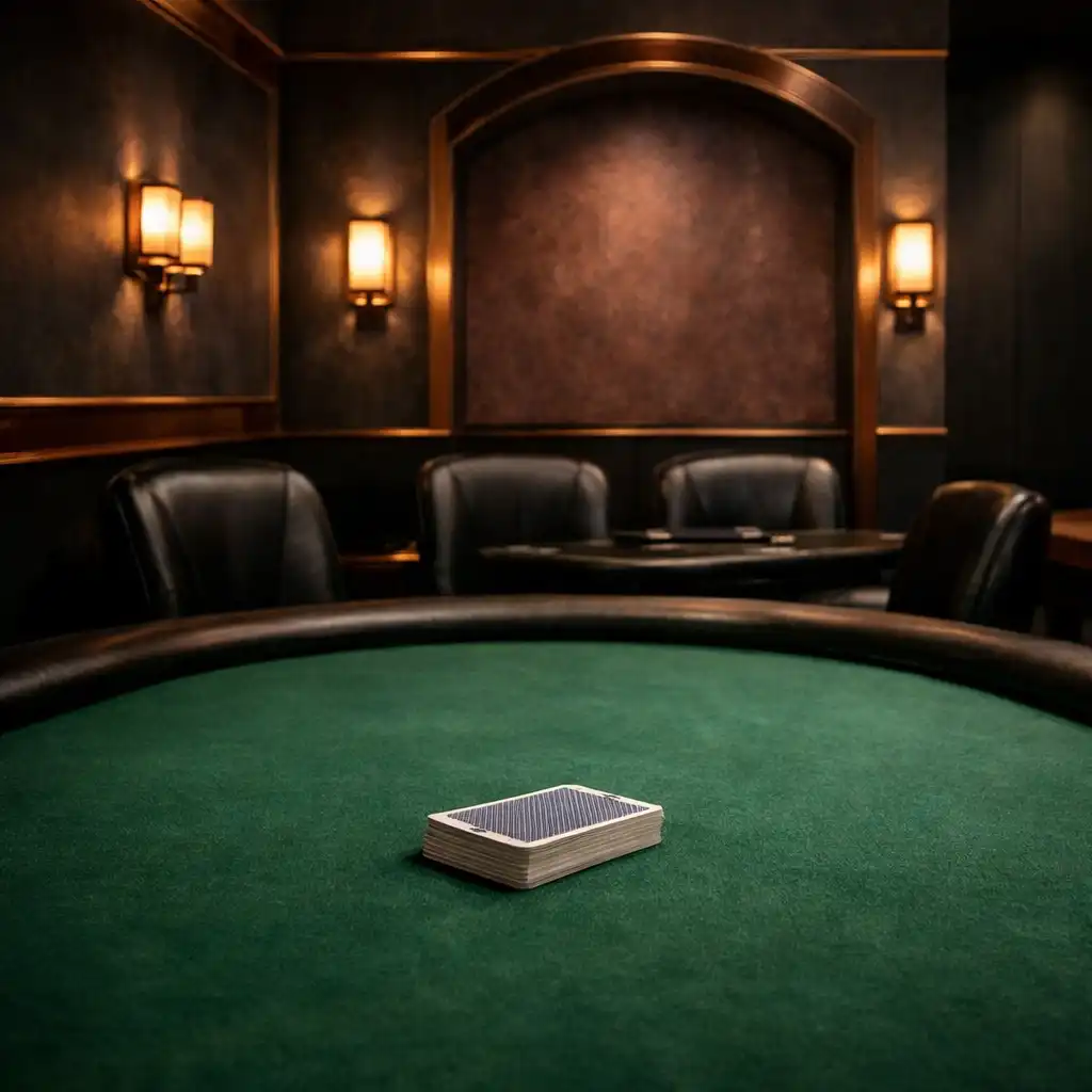 Green felt poker table and chairs inside the Chanceandtoken card poker room