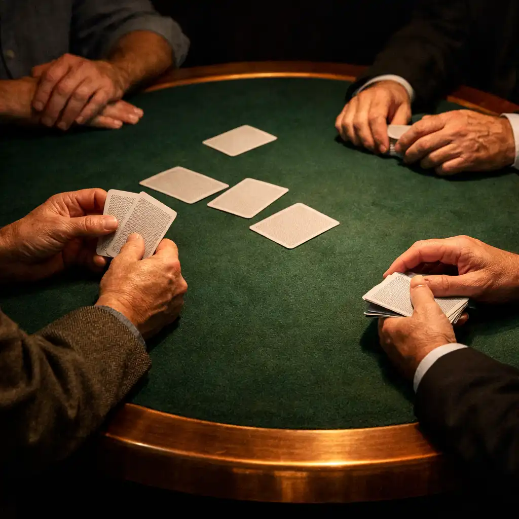 Adult hands gathered around cards on a green felt table in a physical card poker room