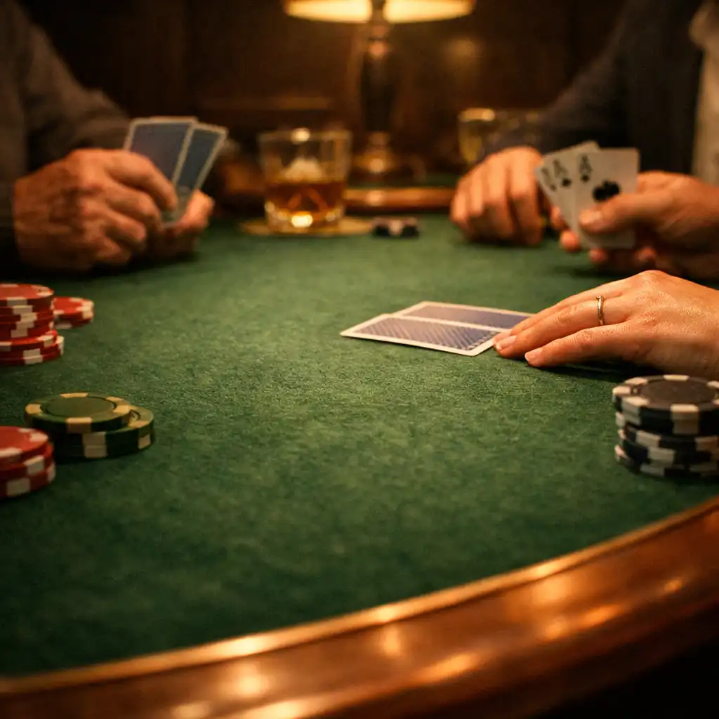 Hands holding playing cards around a green felt poker table in the card room