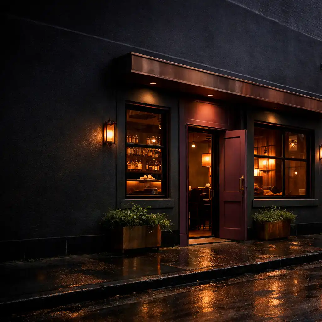 Low-lit Fitzroy bistro and poker lounge exterior at dusk