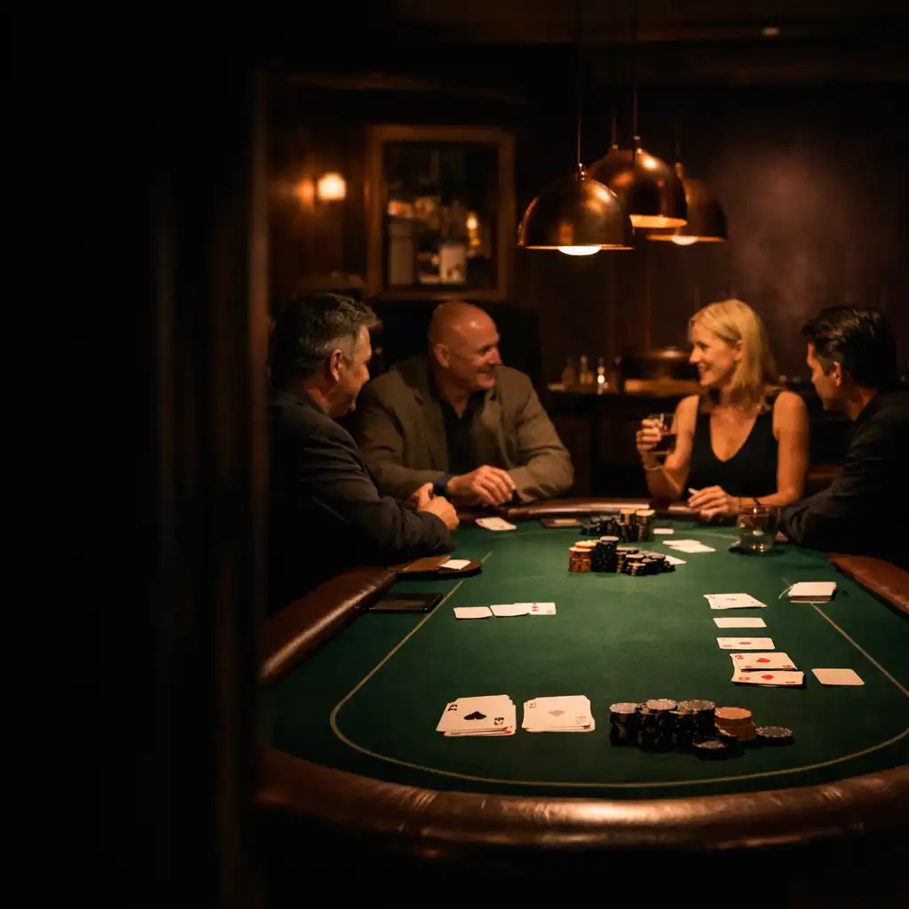 Warmly lit physical card poker room with a felt-green table inside Chanceandtoken