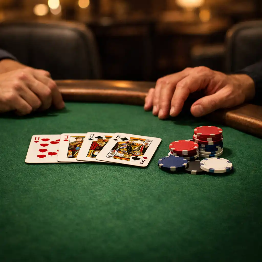 Anonymous adult hands and cards at a felt-green physical poker table