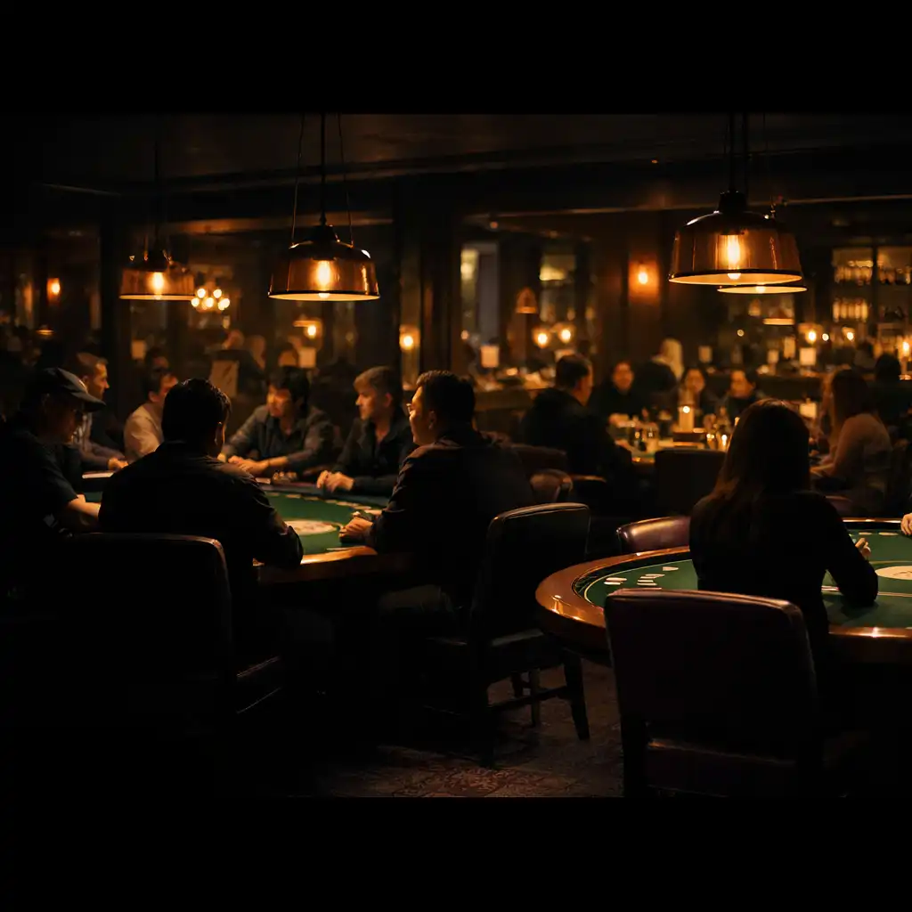Guests gathered around green felt poker tables in the evening poker lounge