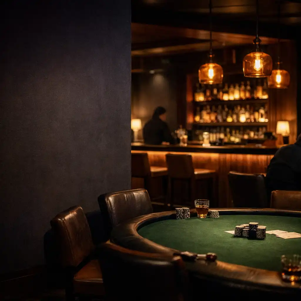 Evening view across the Chanceandtoken poker lounge toward a green felt table and copper-lit bar