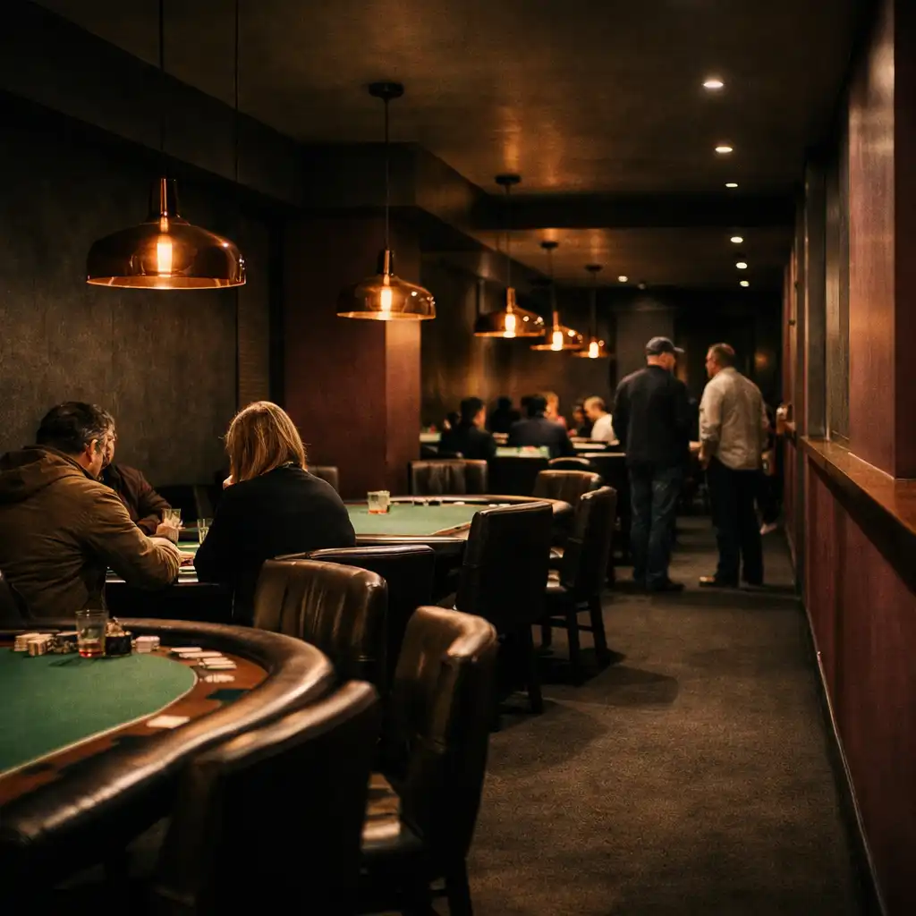 Wide view of Chanceandtoken’s poker lounge with felt-green tables and copper lighting
