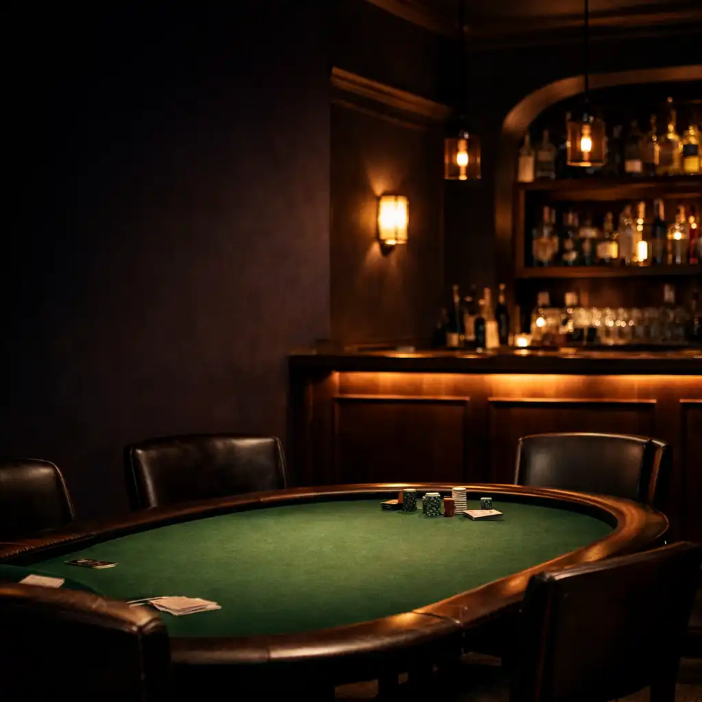 Green felt poker table and warm interior details in Chanceandtoken's physical poker lounge