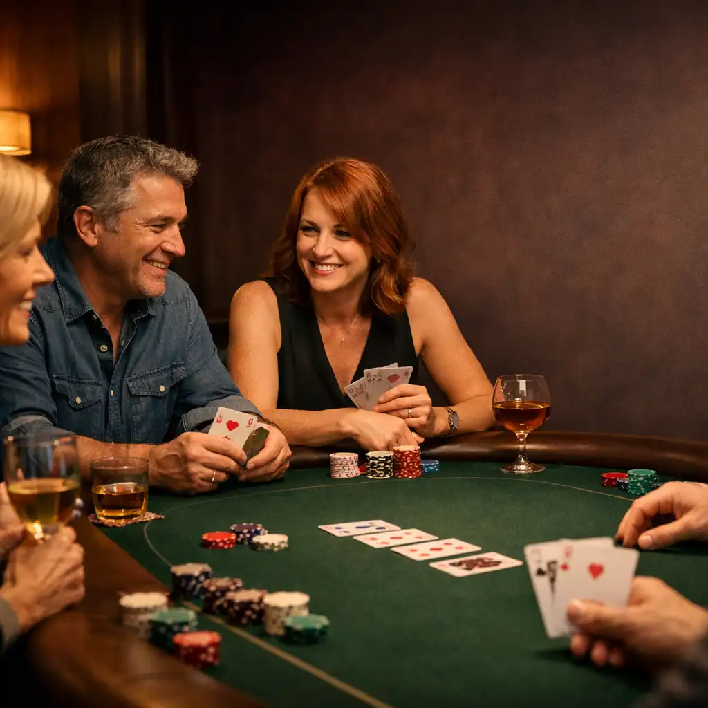 Relaxed adult group talking around a physical green felt poker table on poker night