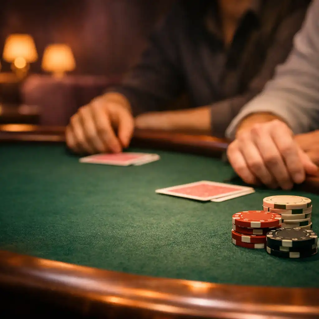 Hands, cards and green felt at a physical poker table in the lounge