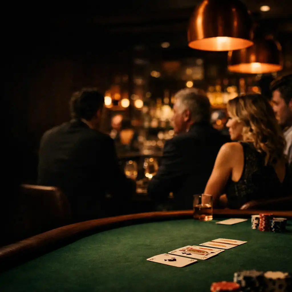 Green felt poker table and guests gathering in Chanceandtoken's warmly lit card poker room