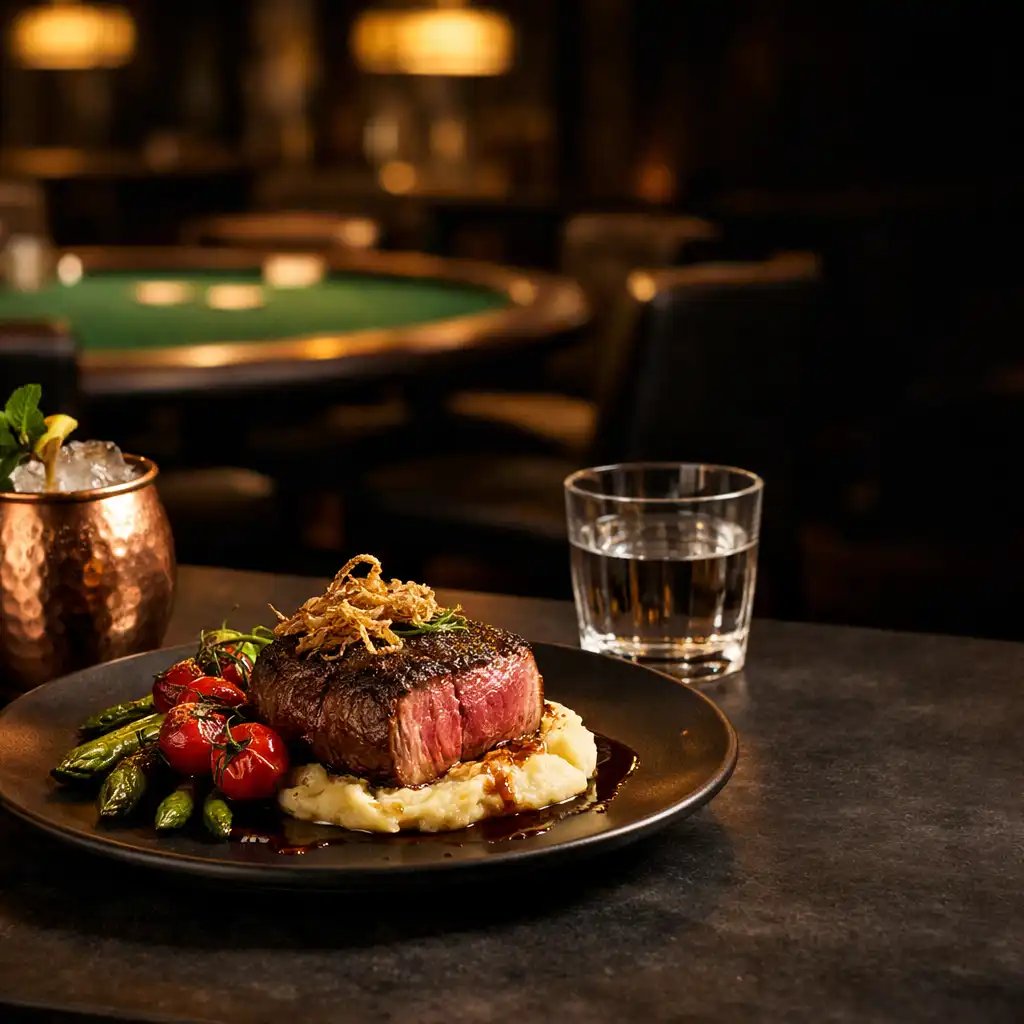 Plated steakhouse dish with copper barware in Chanceandtoken’s dark bistro setting