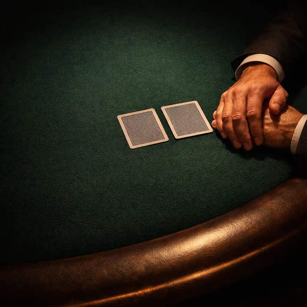 Hands resting near face-down cards on green felt at a physical poker table