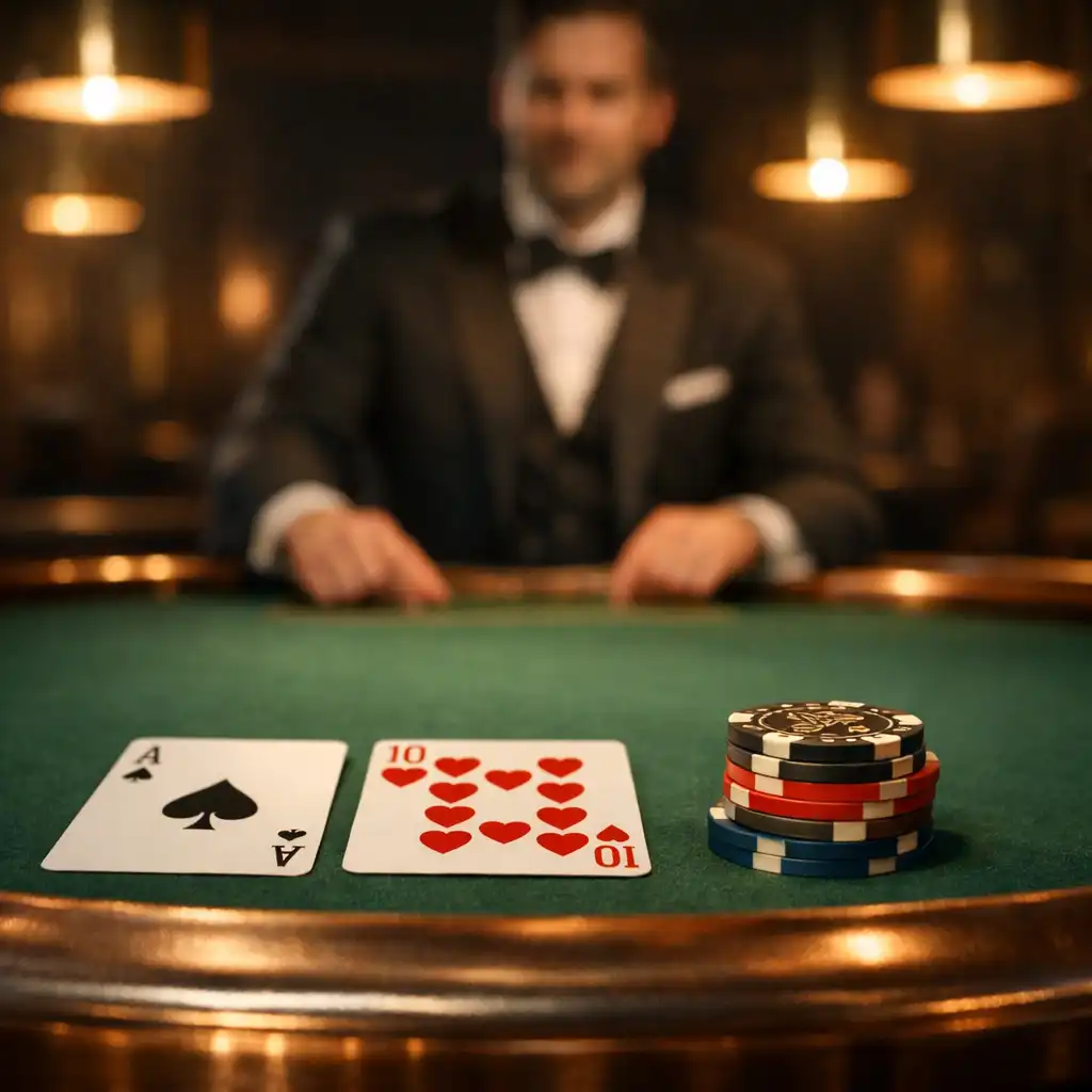 Green felt poker table with cards and a softly blurred host in the background