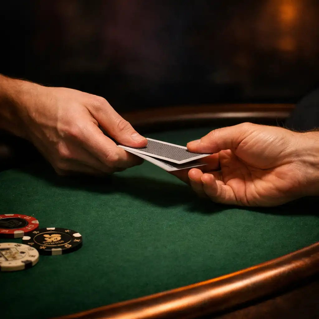 Cards and anonymous adult hands over a felt-green poker table
