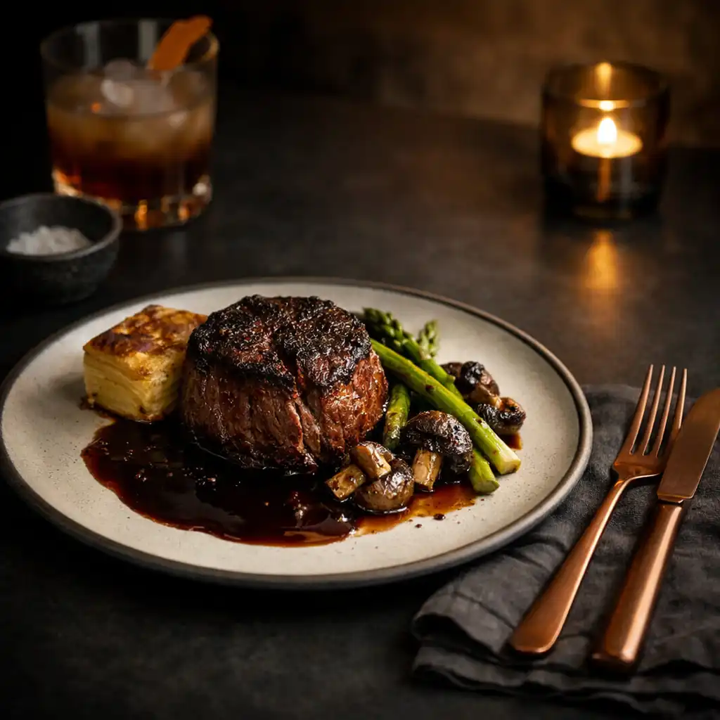 Carefully plated steakhouse dish on a dark bistro table with copper-toned cutlery