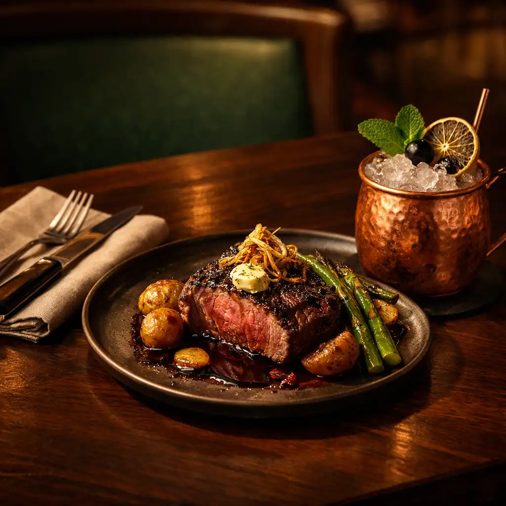 Plated steakhouse dish and copper-toned cocktail vessel on a dark timber bistro table